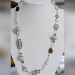 Handmade Owl, Floral Multicolor Prescious Stone Beaded Necklace 22.5"
